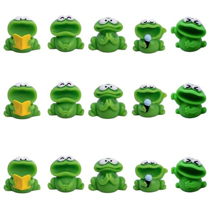 15Pcs Mini Resin Green Frogs Figurines - Tiny Big Mouthed Singing Miniatures for Cake Toppers, DIY Dollhouse, Fairy Garden, Moss Landscape, Terrarium Crafts, Home Decor