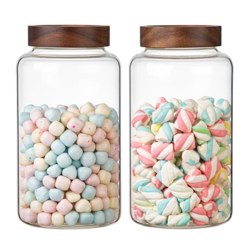 Large Glass Coffee Jars Round Storage Canister with Wooden Lid Clear Glass Food Jar for Pantry Sugar Tea Coffee Bean Spice Nuts Cookies Bath Salts - color: 2300ml/77oz-2PACK