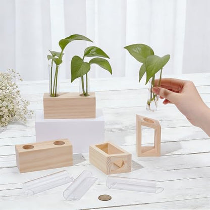OLYCRAFT 4 Set Plant Propagation Station 2 Style Glass Tube Vase with Wooden Stand Hydroponic Propagation Planter Tabletop Tube Glass Vase for Station Home Office Decoration Plant Lovers