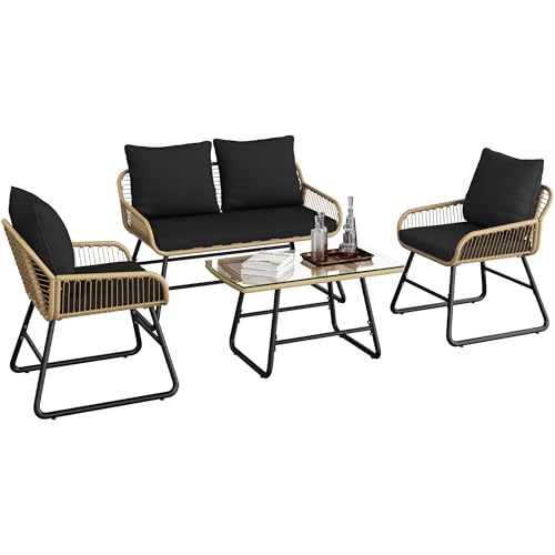 Yaheetech 4 Piece Patio Furniture Set, Outdoor Wicker Conversation Sets, Boho Loveseat & 2 Armchairs with Cushion and Pillow, Glass Top Table for Backyard, Porch, Balcony, Deck - Tan/Black | Outdoor Boho Loveseat & 2 Armchairs with Cushion and Pillow, Gla