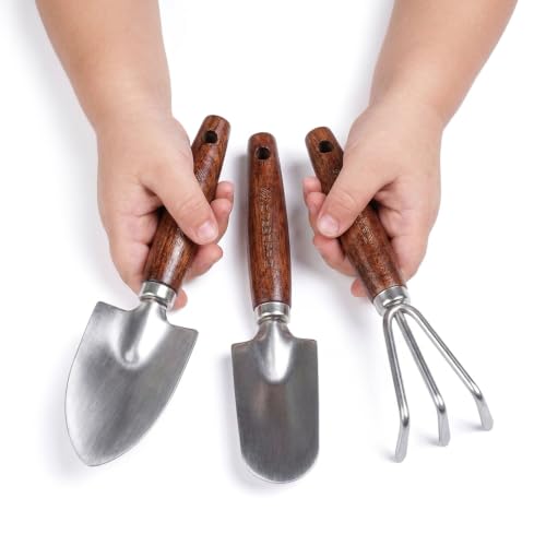 Toddler Gardening Set with Small Shovel, Trowel and Rake | Stainless steel head and walnut wooden handle - color: Walnut wood handle