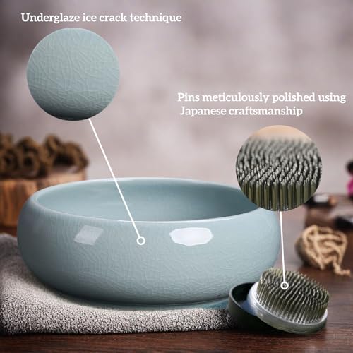 Ikebana Kit, Bowl, with 1.8in Floral Frog | Japanese Flower Vase, Ikebana Vase, Flower Frog Kit, for Hydroponic, Water Lotus Bowl, Japanese Floral Arrangement - color: Crackle Celadon