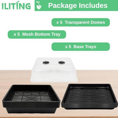 Soil Blocking Trays 5-Set 15x12inch Mesh Trays Flat Plant Tray with Humidity Domes, Nursery Supply for Microgreen, Seed Starting, Indoor Gardening, and Greenhouse - size: 5p Mesh Trays+Domes+Flat Trays