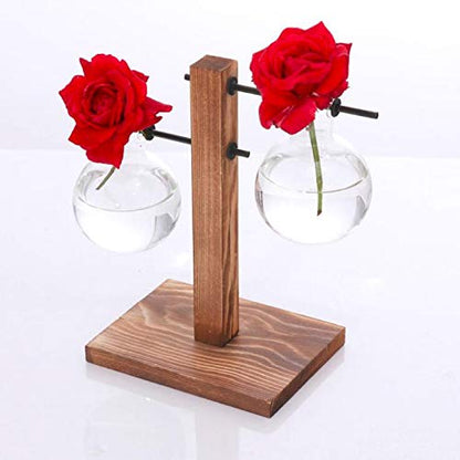 Kingbuy Hydroponic Glass Vase with Retro Wooden Stand - size: B（2 Bulb Vase）
