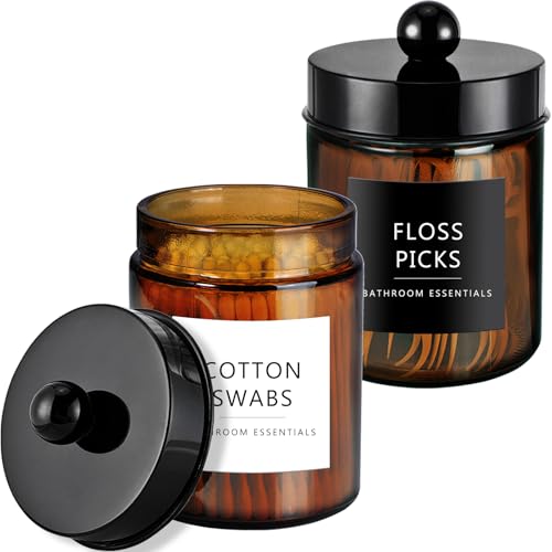 Amolliar Amber Glass Apothecary Jars Qtip Holder w/Plastic Lids,Black 2pc | for Bathroom Vanity Storage, Countertop, Farmhouse Style, Holds Cotton Swabs, Dental Floss, Makeup Sponges - color: Black P2, size: 2 Pack