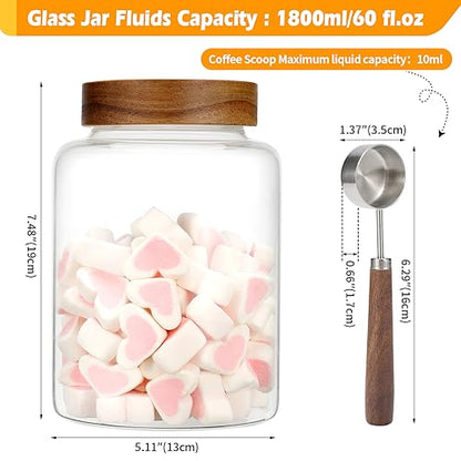 Large Glass Coffee Jars with Spoons 60 oz /1800ml, Round Storage Canister with Wooden Lid Clear Glass Food Jar for Pantry Sugar Tea Coffee Bean Spice Nuts Cookies Bath Salts (1800ml/60oz) - color: 1800ml/60oz