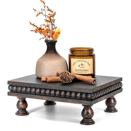 EOSAHR Wood Riser with Beaded: Pedestal Stand for Kitchen Decor, Old Black | Pine Wood, Compact Design, Display Stand, Plant Stand, Soap Holder for Bathroom Essentials, Ideal for Bathroom Counter - color: Old Black