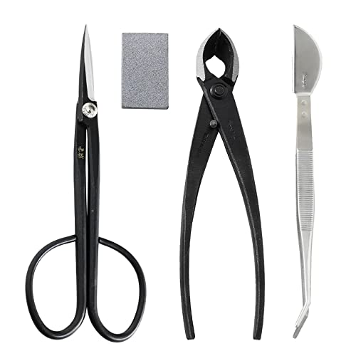 Wazakura 4PCS Bonsai Essential Tool Kit MADE IN JAPAN, Yasugi Steel Twig Bonsai Scissors + Concave Branch Cutter 8in (200mm) + Stainless Tweezers + Sap Eraser Set