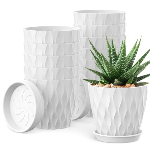UOUZ 12 Pack 4 Inch Small Plant Pots with Saucers, Waffle Texture Plastic Planters with Drainage Holes for Indoor and Outdoor Plants, Flowers, Herbs, Succulents, and Seedlings, White - color: White, size: 12-Pack
