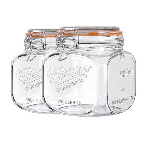 Half Gallon Mason Jar with Hinged Lid, 2 Pack Glass Canister, 64 Oz | 4.3'' Wide Mouth Storage Jars for Food Storage, Cookie, Flour, Candy, Coffee, Pickle, Glass Jar with Lid, 2 Scale Marks - color: 64oz-Square-2 Pack-Hinged Lid