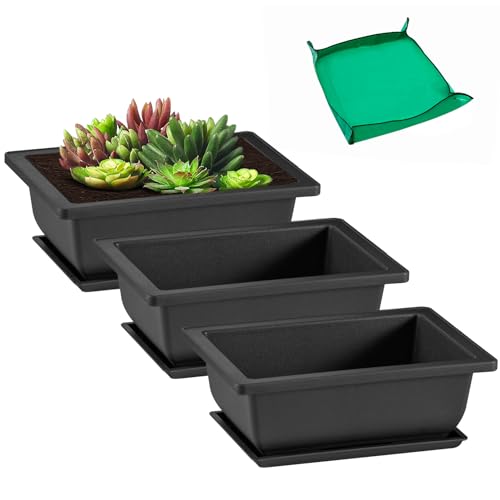 GROWNEER 3 Pack 6.5 Inch Bonsai Pots with Drainage Trays & 1 Repotting Mat - size: 3pcs/6.5x4.8in