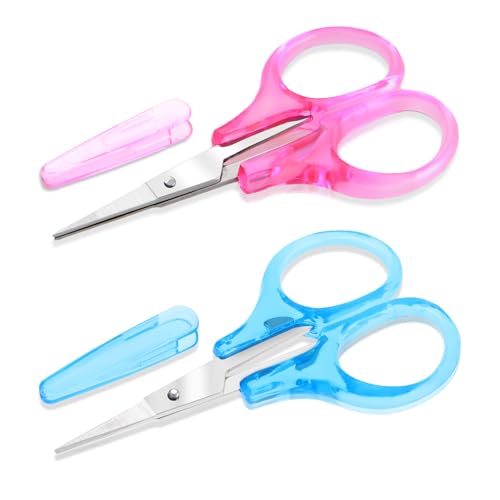 2 Pcs Small Scissors All Purpose 3" Sharp Small Travel Scissors with Cover Stainless Steel All Purpose Straight Fine Tip for Sewing Crafting Paper Cutting Crochet Hair Trimming (Pink Blue) - color: Pink+blue