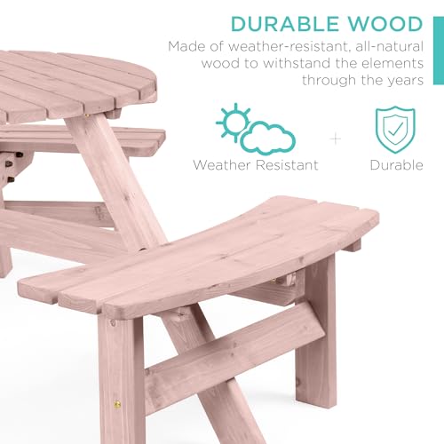 Best Choice Products 6-Person Circular Outdoor Wooden Picnic Table for Patio, Backyard, Garden, DIY w/ 3 Built-in Benches, 500lb Capacity - Rose Quartz - color: Rose Quartz