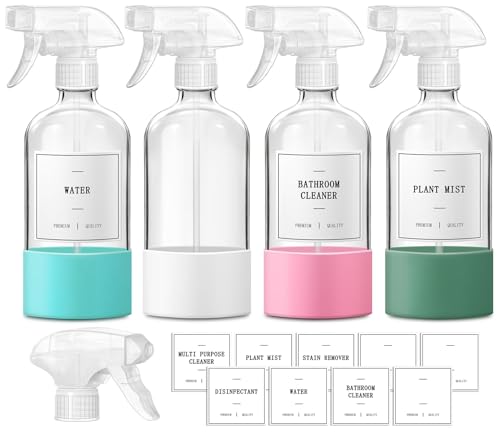 Glass Spray Bottles for Cleaning, 4 Pack Clear Empty Spray Bottle for Cleaning Solutions, 17 fl oz Reusable Spray Bottle for Plants with Silicone Boot, Cleaning Spray Containers with Labels - size: 4 Pack