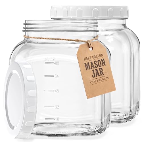 0.8Gal Glass Jar with Lid, Wide Mouth Mason Jar for Airtight Storage, 2 Pcs | 102 Oz Large Jar for Flour, Rice, Pickle, Sun Tea & Fridge Storage, Clean & Measure Easily, Square Shape Saves Pantry Space