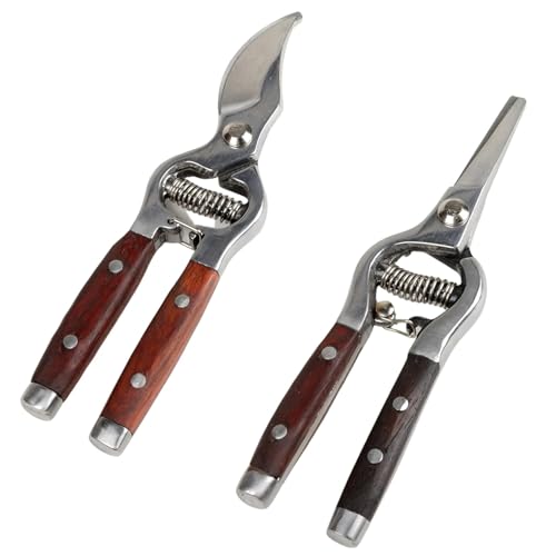 Garvee 2 Pack Garden Pruning Shears for Gardening, Wood Steel Handle Bypass Pruning Shears for Gardening, Curved Straight Garden Shears, Gardening Tools for Plants Flowers Light Branches