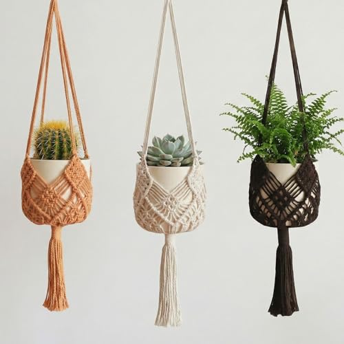 Macrame Plant Hanger with Patterns, 35" Boho Hanging Planter Basket for 8" Pots, Flower Pot Holder for Indoor/Outdoor, Boho Home Decor - White (Pots Not Included) - color: White
