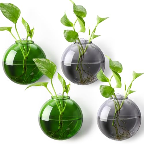 4 Pcs Wall Hanging Glass Planters Spherical Hydroponic Plant Propagation Station Green Gray Wall Mount Glass Terrariums Pot Container with Hooks for Water Plants Home Office Decor