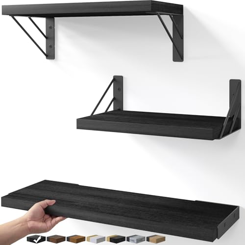 BAYKA Rustic Wood Floating Wall Shelves, Wall Mount Storage Organizer for Bedroom, Living Room, Kitchen, Bathroom & Office (A. Black Board & Black Brackets, 3, 16-inch) - color: A. Black Board & Black Brackets, size: 16-inch Mixed