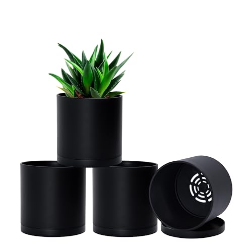 D'vine Dev 4-Pack Black Plastic Planters with Saucers, 5 in, 74-Y-G-2 | Lightweight Durable Build, Matte Finish, Cylindrical Shape, Efficient Drainage, Detachable Saucer, Minimalist Modern Style - size: 5"
