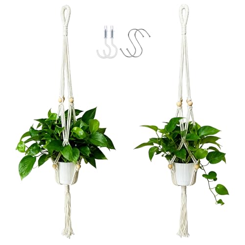 2-Pack Macrame Plant Hangers, 35 Inch | Boho Hanging Planters, With Tassel, 4 Hooks Included, Handwoven Cotton Rope, For Indoor Home Decor (No Pot Included)
