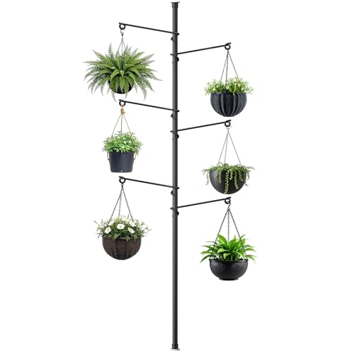 Tension Rod Plant Stand, Plant Poles for Hanging Plants Indoor, Metal Floor to Ceiling Hanging Plants Stand, Tension Pole Plant Stand with 6 Hooks (Fit 3.6-10ft) - size: 6-Hangers