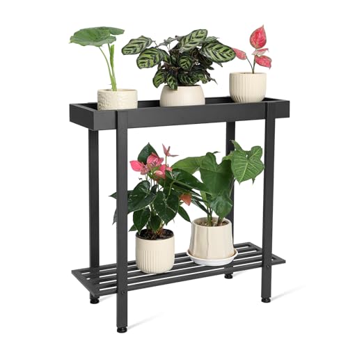Honla 2 Tier Metal Plant Stand,Indoor Outdoor Plant Table for Window,Black | 26"L x 8.66"W x 24.40"H,Protective Raised Rim,Drainage Holes,Adjustable feet,110 lbs Weight Capacity,Rugged and Wobble-Free - color: Black