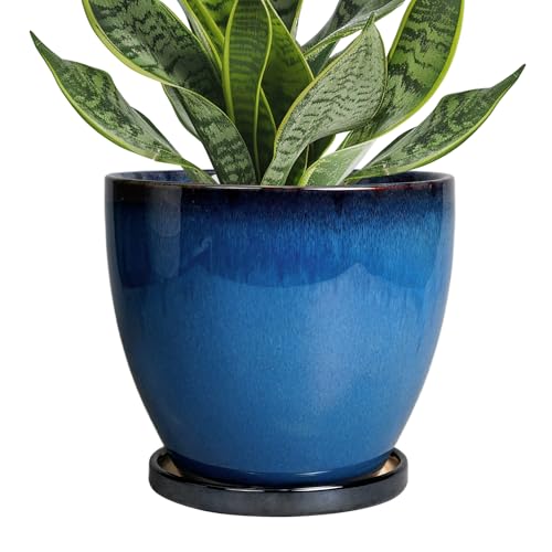 Ceramic Planters for Indoor Plants - 6.3 Inch Plant Pot with Drainage Hole and Saucer Round Modern Planter Home Garden Patio Decor Blue - color: Reactive Glaze Blue, size: 6.3 Inch
