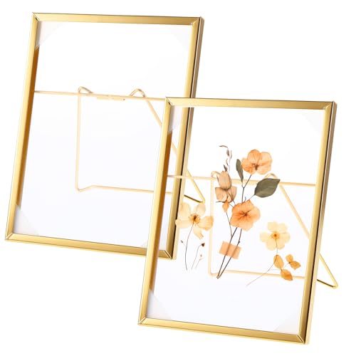 2 Pcs Gold Double Glass Frame for Pressed Flowers - 6.1" Standing Pressed Flower Display Frame, DIY Herbarium Pressed Flower Frames for Plant Lovers, Crafters & Home Decor