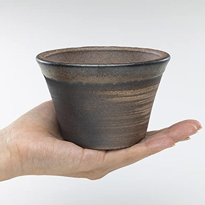Wazakura Banko Series Small Handmade Rounded Ceramic Bonsai Pot with Drainage Hole 4.3 in (110mm) Made in Japan, Garden Training Container, Flower Succulent Houseplant Planter - Golden Brown - color: Golden Brown