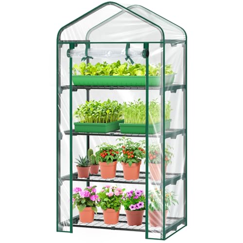 Mini Greenhouse for Outdoors Indoor: 27 x 19 x 62-Inch Ohuhu Small Green House with 4 Tier Shelves, Portable Plastic Greenhouses with Heavy Duty Transparent PVC Cover for Seedling Patio Porch Balcony - color: Clear, size: 4 Tier Single Layer Roof