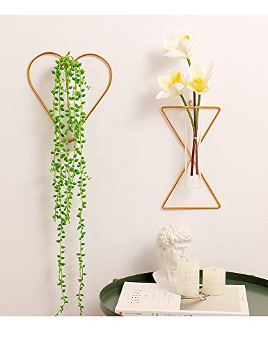 yaooral Luxury Nordic Hanging Wall Mounted Gold Flower Vase | Metal Frame Glass Tube/Minimalist/Cute Exquisit Pretty/Geometric Hydroponic Bud Vase Decor for Wall Home Wedding Farmhouse - style: triangle