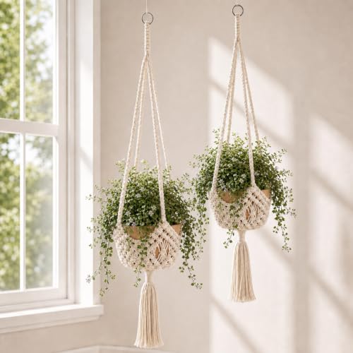 Shappy 2 Pack Boho Macrame Plant Hanger for Indoor | Large Hanging Planter Plant Holder Pot Hanger Hanging Basket Wall Planters, Plants Lover Gift for Indoor Garden - color: White, size: Style D