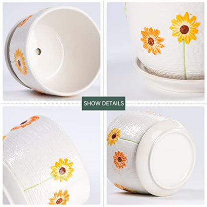 Ceramic Plant Pots,Sunflower Planters with Drainage Holes & Matching Saucer | Ceramic Flower Pot for Indoor Plants | Medium Plant Pots | Cute Herb Planting Pots | Hand-Painted Sunflower Design Pots - color: White and Yellow