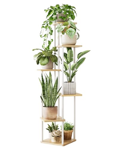 GENTINGBRO White Plant Stand Indoor Tall Corner Plant Shelf | 6 Tier Flower Stand Wood Metal Plant Holder for Living Room Bedroom Balcony Patio - color: White Oak, size: 6 Tier