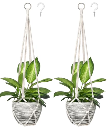 Dahey Macrame Plant Hanger Indoor 35 Inches Hanging Plant Holder Basket | Set of 2, Cotton Rope, Handmade Knotted, No Tassels, Fits 10" Pots, Boho Decor for Living Room Kitchen Bedroom Garden, Ivory - color: Ivory, size: 35Inch