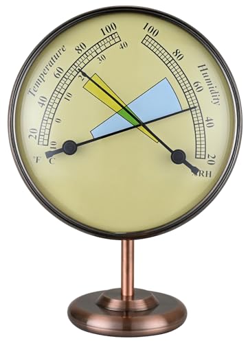 4 in Antique Solid Brass Analog Thermometer Hygrometer | 2 in 1 Weather Station, Detachable Stand, Battery-Free, Rust Waterproof, High Accuracy, For Home Patio Indoor Outdoor - color: Brass Housing with Beige Dial