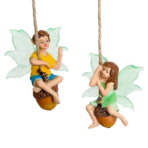 DONABELA Fairy Garden Figurines Set 2PCS Miniature Acorn Swing Statues Hanging Tiny Decor for Outdoor Indoor Micro Accessories Garden Supplies Kit Gift - style: xv-2