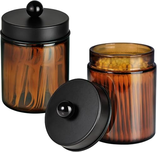 Amolliar Amber Glass Apothecary Jars Qtip Holder w/Metal Lids,Black 2pc | for Bathroom Vanity Storage, Countertop, Farmhouse Style, Holds Cotton Swabs, Dental Floss, Makeup Sponges - color: Black, size: 2 Pack
