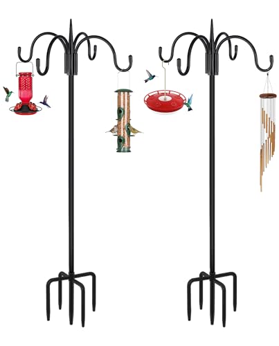 Heavy Duty Shepherds Hook 2 Pack 76" Double Hooks Adjustable (44/60/76") - Metal 5-Prong Base, 17lb Capacity - Easy Assembly Bird Feeder Pole for Hanging Planters, Lanterns, Wind Chimes - size: 76 Inch(Pack of 2)