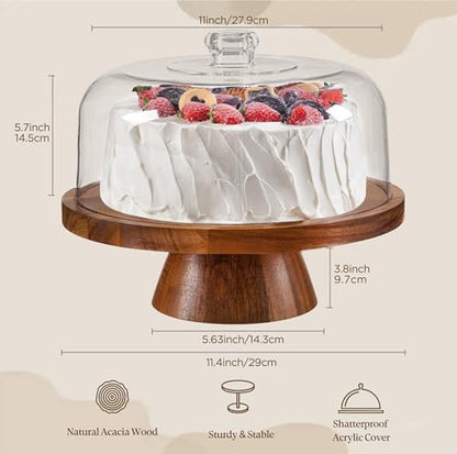 HBlife Cake Stand with Lid (11.4"), Multifunctional Cake Stand with Acrylic Dome, Acacia Wood 6-in-1 Cake Plate Display Stand with Cover for Baking Gifts, Birthday Kitchen Parties, Weddings