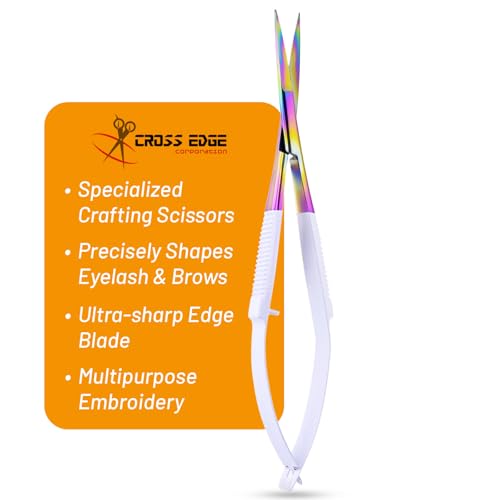 Cross Edge Spring Scissors 5 Inch straight Stainless-Steel Precision Eyebrow & Eyelash Shaping Trimming Scissor, Squeeze, Embroidery, Knitting Micro Tip Craft Scissors (Rainbow Glitter White) - color: Cec-ss-07