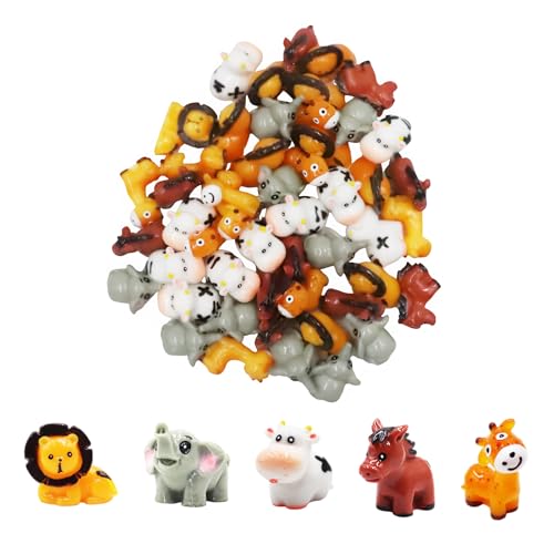 50 Pcs Miniature Resin Animal Figurines Set (1.2") - Elephant, Lion, Giraffe, Horse, Cow for Fairy Garden, Terrarium, DIY Crafts & Miniature World - color: Animal