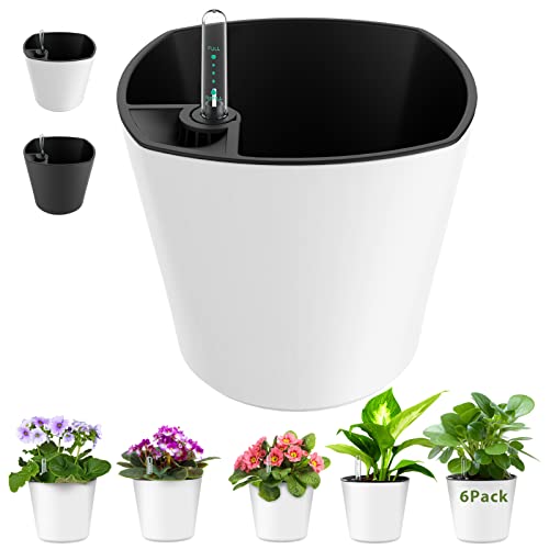7 inch Plant Pots 6-Pack, Self Watering Flower Pots Indoor Outdoor, African Violet Pots Planters with Drainage Hole Saucer Reservoir, White - color: White 7 Inch Self Watering Planter Pack of 6