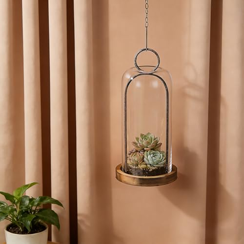 16" High Versatile Rustic Brown Metal Candle Holder with Handmade Sturdy Glass Dome And Shabb Brown Wooden Base for Pillar Candle & Plants, Industrial, Farmhouse, Shabby Chic, Display Cloche Bell Jars - color: Brown, size: 7"x16"
