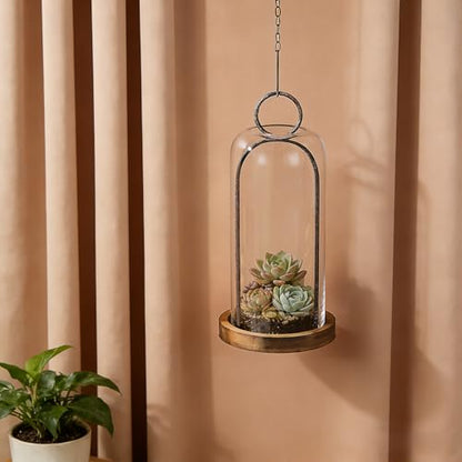 16" High Versatile Rustic Brown Metal Candle Holder with Handmade Sturdy Glass Dome And Shabb Brown Wooden Base for Pillar Candle & Plants, Industrial, Farmhouse, Shabby Chic, Display Cloche Bell Jars - color: Brown, size: 7"x16"