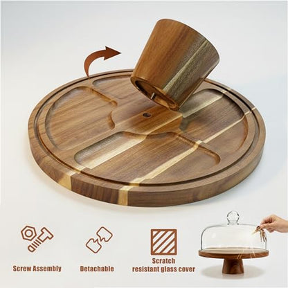 Acacia Wood Cake Stand with Scratch-Resistant Glass Dome Lid – 12-Inch Round Cake Holder with Screw-Type Base, Wooden Dessert Display Stand with Cover for Cakes, Pastries, Cheese & Charcuterie