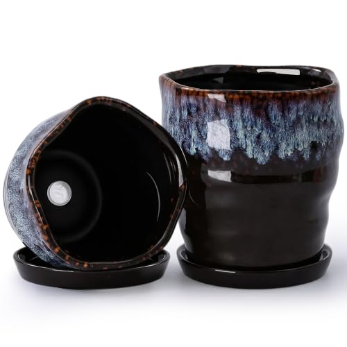 6 Inch Ceramic Planter Set of 2 with Drainage Hole and Saucer for Plants, Indoor-Outdoor Large Irregular Succulent Orchid Flower Pot- Cement Paint, Inner-pots not Larger Than 5 Inch - color: Reactive Glaze Spot, size: 6inch-Set of 2