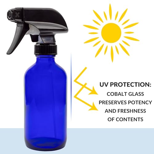 Cornucopia Brands 8-Ounce Cobalt Blue Glass Boston Round Spray Bottles (2 Pack) 3-Setting Heavy Duty Sprayers, Empty Refillable Bottle
