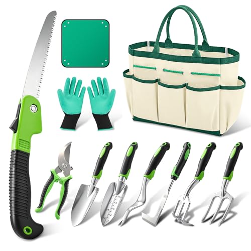 Garden Tool Set Gardening Tools - Heavy Duty Aluminum Tool Kit with Non-Slip Handle, Gardening Gloves and Tool Bag for Weeding, Planting and Pruning, Gifts for Women Mom (Green Set) - color: GREEN SET